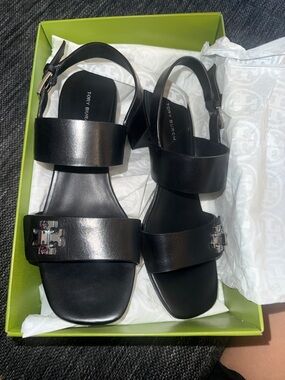 Tory Burch Black Leather Logo Slingback Sandals
